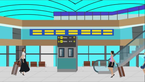 Frauen Die Auf Dem Flughafen Spazieren Gehen Zeichentrickszene Reisehintergrund — Stockvideo