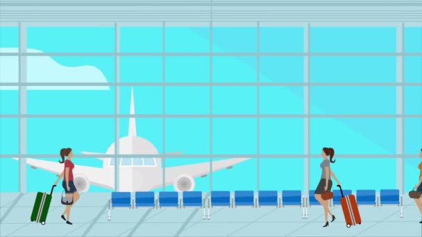 Vrouwen Mensen Lopen Luchthaven Cartoon Animatie Scene Reizen Achtergrond — Stockvideo