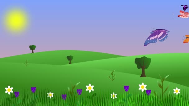 Jarní Animace Prostředí Motýly Poli Ploché Kreslené Pozadí — Stock video