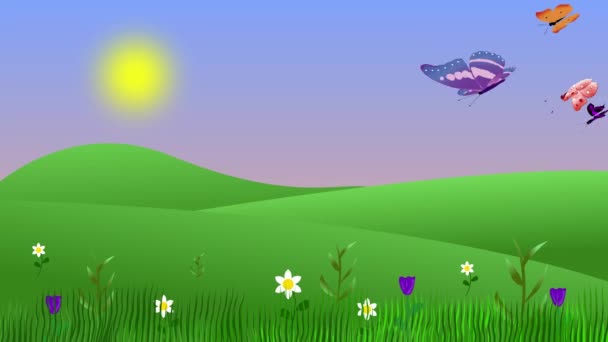 Lente Omgeving Animatie Met Vlinders Velden Platte Grafische Cartoon Achtergrond — Stockvideo