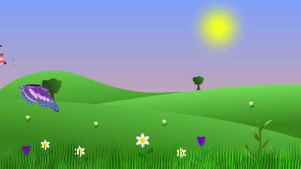 春天里有蝴蝶和田野的动画 平面漫画背景 — 图库视频影像