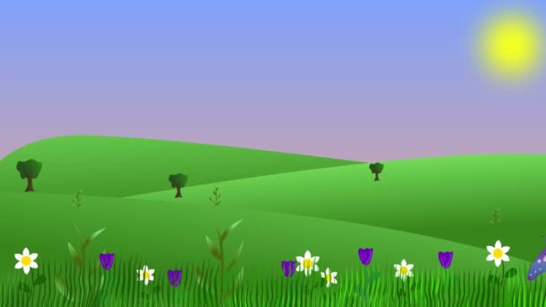 Animação Ambiente Primavera Com Borboletas Campos Plano Gráfico Desenho Animado — Vídeo de Stock