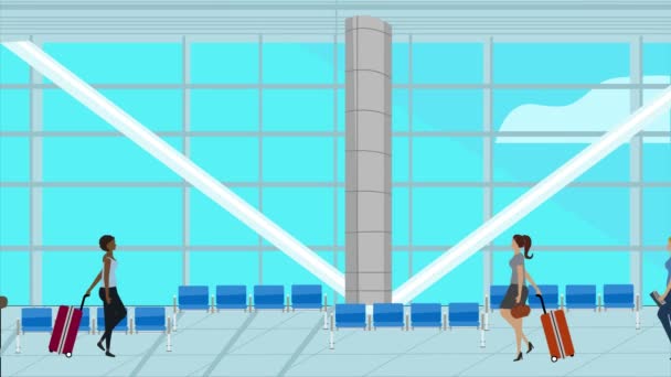 Mujeres Caminando Aeropuerto Animación Dibujos Animados Fondo Viaje — Vídeos de Stock