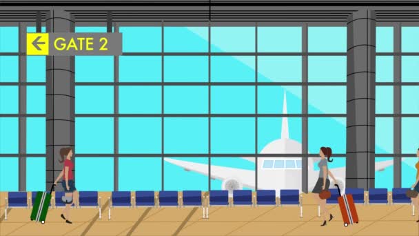 空港を歩く女性 漫画アニメーションシーン 旅行の背景 — ストック動画