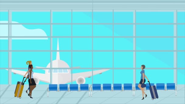 Women People Walking Airport Cartoon Animated Scene Travel Background — Stock Video