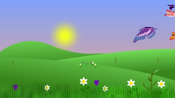 Летняя Анимация Бабочками Полями Плоский Графический Фон — стоковое видео