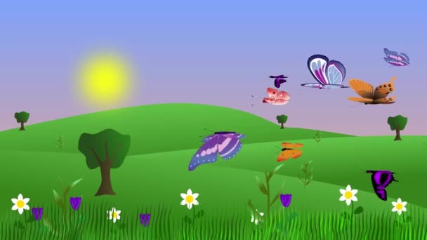 有蝴蝶和田野的夏季环境动画 平面漫画背景 — 图库视频影像