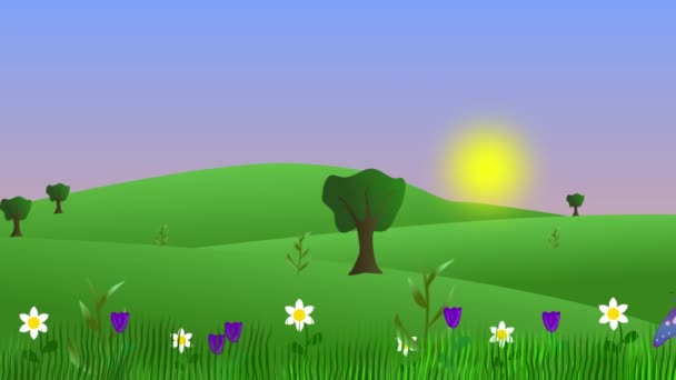 有蝴蝶和田野的夏季环境动画 平面漫画背景 — 图库视频影像