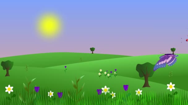Animação Ambiente Verão Com Borboletas Campos Plano Gráfico Desenho Animado — Vídeo de Stock