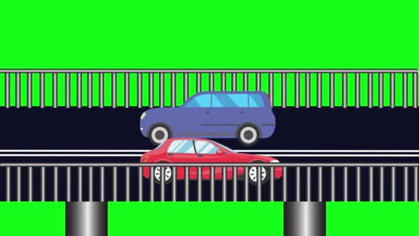 Desenhos Animados Animação Plana Carros Execução Ponte Chave Croma Tela — Vídeo de Stock