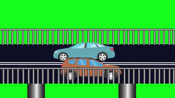 Köprüde Yeşil Ekran Kroma Anahtarı Üzerinde Çalışan Arabaların Çizgi Film — Stok video