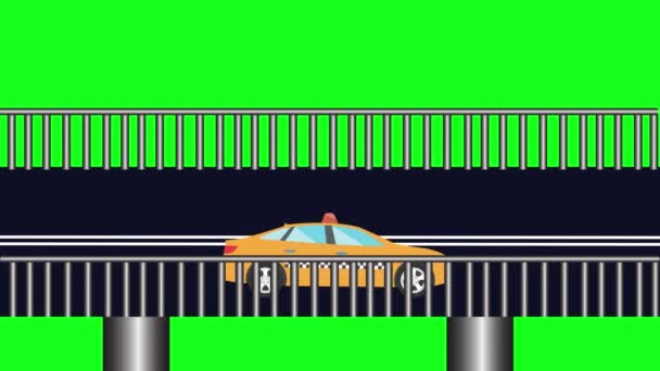 Мультяшна Плоска Анімація Автомобілів Працюють Клавіші Зеленого Екрану Мосту — стокове відео