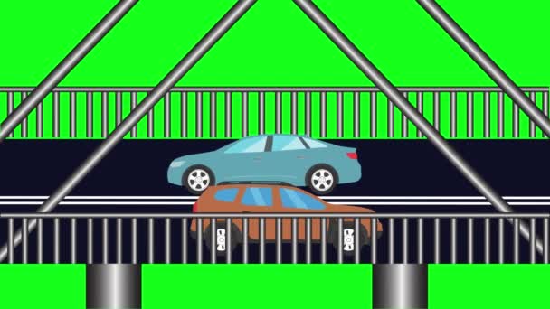 Kreskówka Płaska Animacja Samochodów Działających Moście Zielony Ekran Chroma Klucz — Wideo stockowe