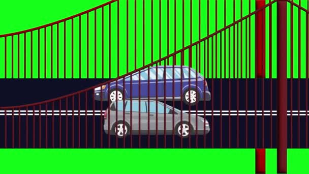 Kreskówka Płaska Animacja Samochodów Działających Moście Zielony Ekran Chroma Klucz — Wideo stockowe
