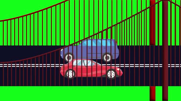 Мультфильм Плоская Анимация Автомобилей Работающих Мосту Зеленый Экран Хрома Ключ — стоковое видео