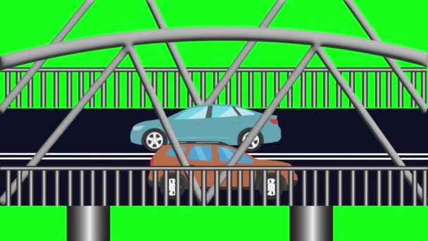 Cartoon Plochá Animace Automobilů Běží Mostě Zelené Obrazovce Chroma Klávesy — Stock video