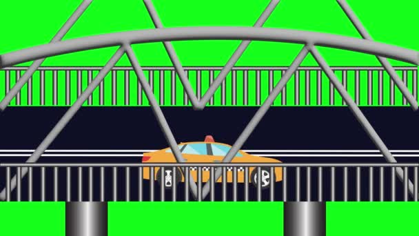 Мультфильм Плоская Анимация Автомобилей Работающих Мосту Зеленый Экран Хрома Ключ — стоковое видео