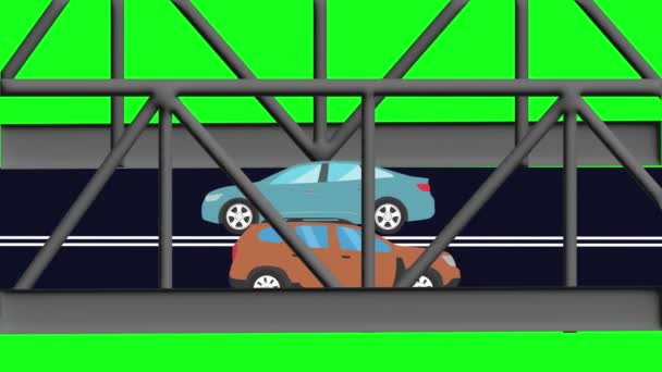 Desenhos Animados Animação Plana Carros Execução Ponte Chave Croma Tela — Vídeo de Stock
