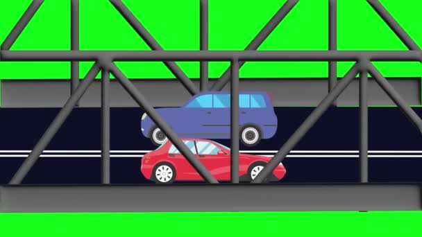 Cartoon Platte Animatie Van Auto Die Brug Groene Scherm Chroma — Stockvideo