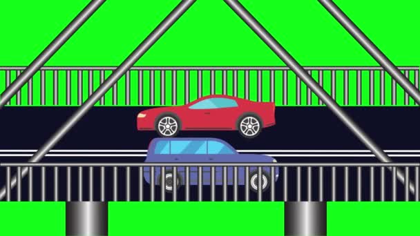 Cartoon Plochá Animace Automobilů Běží Mostě Zelené Obrazovce Chroma Klávesy — Stock video