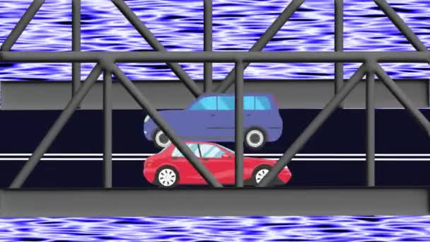 Cartone Animato Animazione Piatta Auto Esecuzione Sul Ponte Sul Fiume — Video Stock