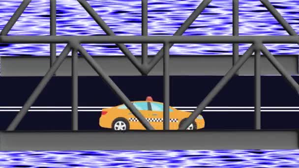 Cartone Animato Animazione Piatta Auto Esecuzione Sul Ponte Sul Fiume — Video Stock