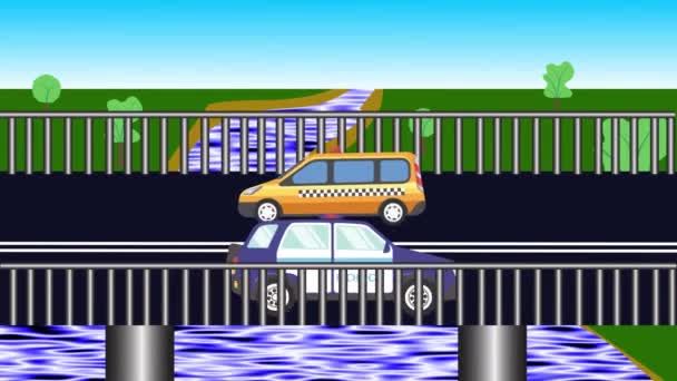 Desenhos Animados Animação Plana Carros Que Correm Ponte Sobre Rio — Vídeo de Stock