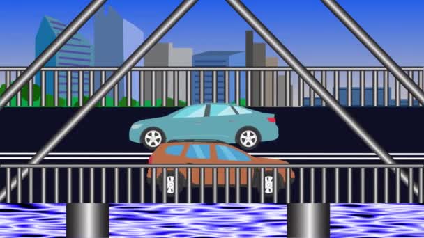 Cartoon Plochá Animace Automobilů Běží Mostě Přes Řeku — Stock video