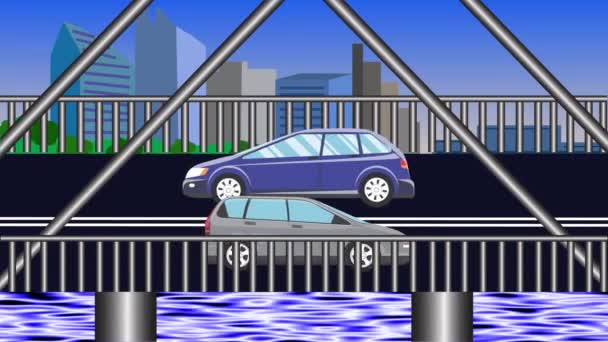 Kreskówka Płaska Animacja Samochodów Poruszających Się Moście Przez Rzekę — Wideo stockowe