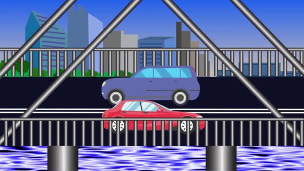 Animasi Datar Kartun Mobil Berjalan Jembatan Atas Sungai — Stok Video