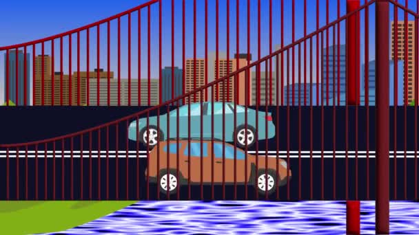 Zeichentrick Animation Von Autos Die Auf Der Brücke Über Den — Stockvideo