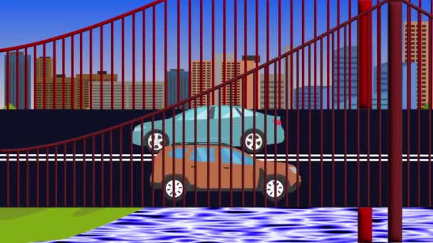 Cartoon Platte Animatie Van Auto Die Brug Rivier — Stockvideo