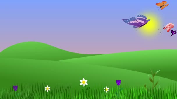 Sommer Umwelt Animation Mit Schmetterlingen Und Feldern Flacher Grafischer Cartoon — Stockvideo