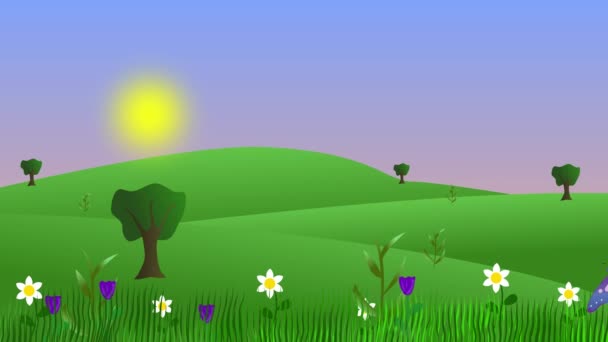 Анімація Літнього Середовища Метеликами Полями Плоский Графічний Мультяшний Фон — стокове відео