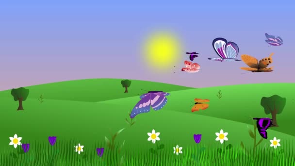 Sommer Umwelt Animation Mit Schmetterlingen Und Feldern Flacher Grafischer Cartoon — Stockvideo