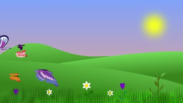 Sommar Miljö Animation Med Fjärilar Och Fält Platt Grafisk Tecknad — Stockvideo