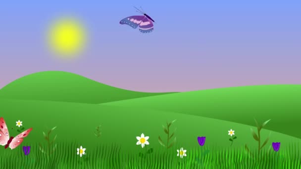 Sommar Miljö Animation Med Fjärilar Och Fält Platt Grafisk Tecknad — Stockvideo