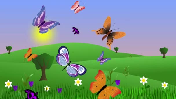 Анімація Літнього Середовища Метеликами Полями Плоский Графічний Мультяшний Фон — стокове відео