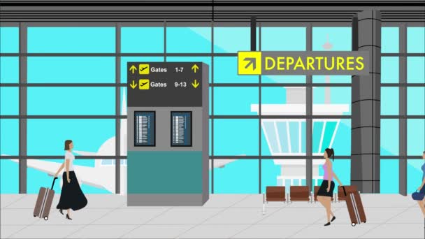 Mujeres Caminando Aeropuerto Animación Dibujos Animados Fondo Viaje — Vídeo de stock