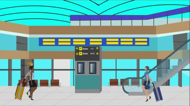 Mulheres Pessoas Andando Aeroporto Desenho Animado Cena Fundo Viagem — Vídeo de Stock