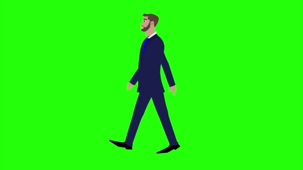 Business Man Character Cartoon Walking Animation Green Screen Chroma Key — Stock Video