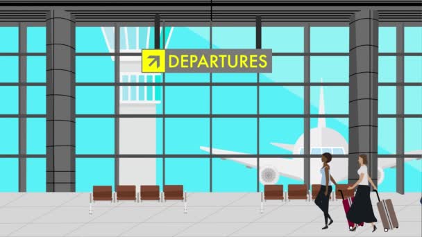 Donne Persone Piedi Aeroporto Cartone Animato Scena Sfondo Viaggio — Video Stock