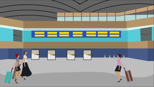 Kvinnor Går Flygplatsen Tecknad Animerad Scen Resor Bakgrund — Stockvideo