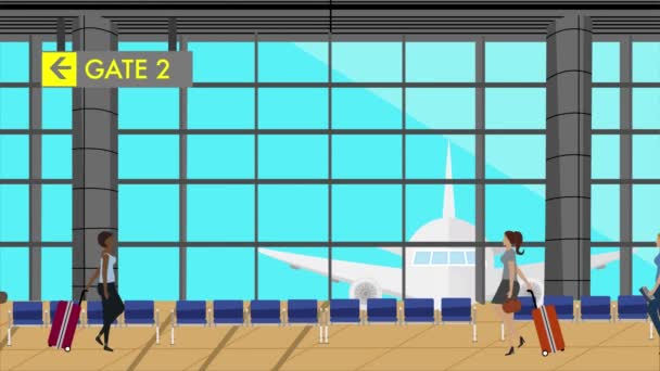 Nők Sétálnak Repülőtéren Rajzfilm Animációs Jelenet Utazási Háttér — Stock videók