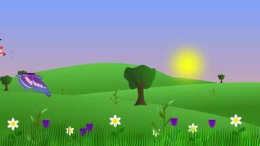 Kelebek ve tarlalı bahar ortamı animasyonu, düz grafik karikatür arka planı