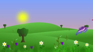 Kelebek ve tarlalı bahar ortamı animasyonu, düz grafik karikatür arka planı