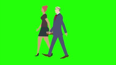 Erkek ve kadın karakterli animasyon yan görünüm, yeşil ekranda pürüzsüz döngü, krom anahtar