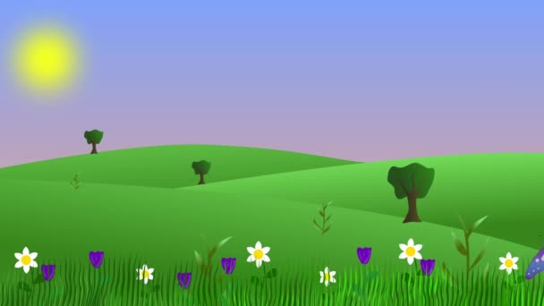 Анімація Весняного Середовища Метеликами Полями Плоский Графічний Мультяшний Фон — стокове відео