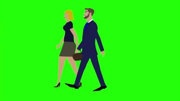 Animace Mužem Ženami Charakter Chůze Boční Pohled Bezešvé Smyčky Zelené — Stock video