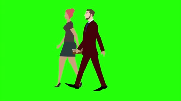 Animacja Mężczyznami Kobietami Postać Chodząca Widok Boku Płynna Pętla Zielonym — Wideo stockowe